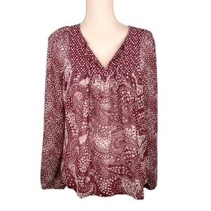 GAP Burgundy & White Floral Sheer Boho V-Neck Long Sleeve Top Size Small